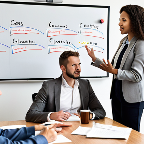 Home 7 **Team Communication Skills**: "An illustration of a diverse group of team members in a meeting room, actively engaging in discussion with open body language. Some members are listening attentively while others are sharing ideas on a whiteboard. The atmosphere is collaborative and supportive, showcasing effective communication within a team."