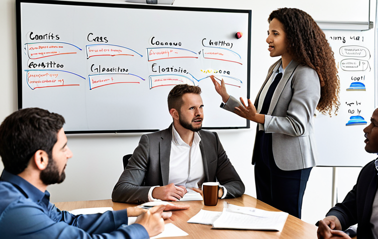 **Team Communication Skills**: "An illustration of a diverse group of team members in a meeting room, actively engaging in discussion with open body language. Some members are listening attentively while others are sharing ideas on a whiteboard. The atmosphere is collaborative and supportive, showcasing effective communication within a team."